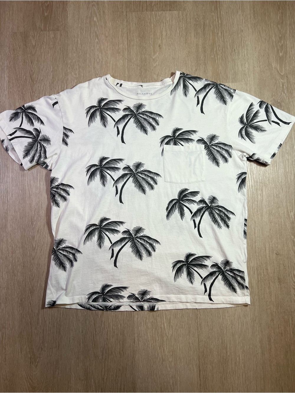 AllSaints Oversized Fit White Tee with Black Palm Print